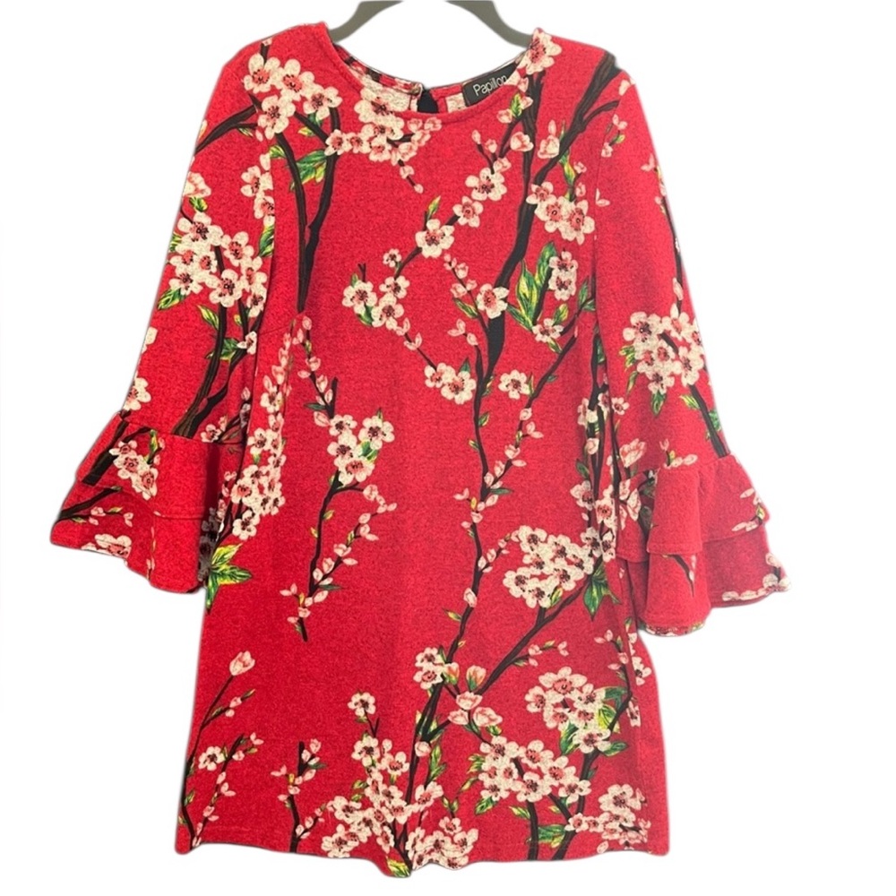 Papillon Red Floral Bell Sleeve Shift Dress – XS (measures like‎ Small)